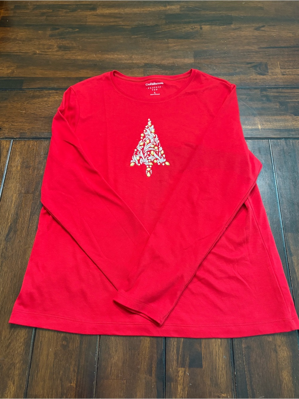 Women’s Christmas long sleeve tee with bedazzled tree graphic, L